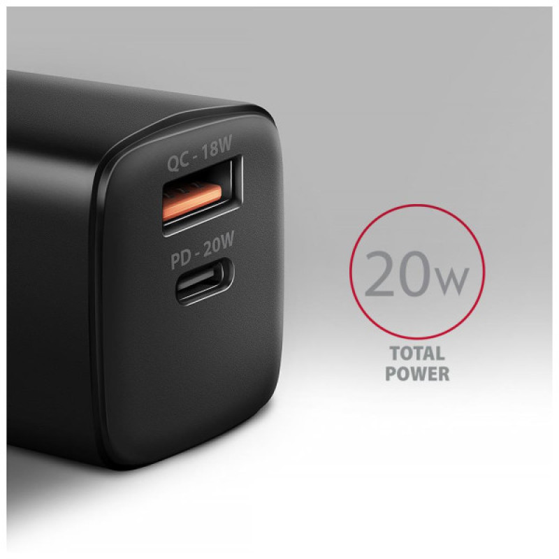 Зарядное устройство AXAGON 1xUSB QC3.0 + 1xUSB-C PD20W black (ACU-PQ20)
