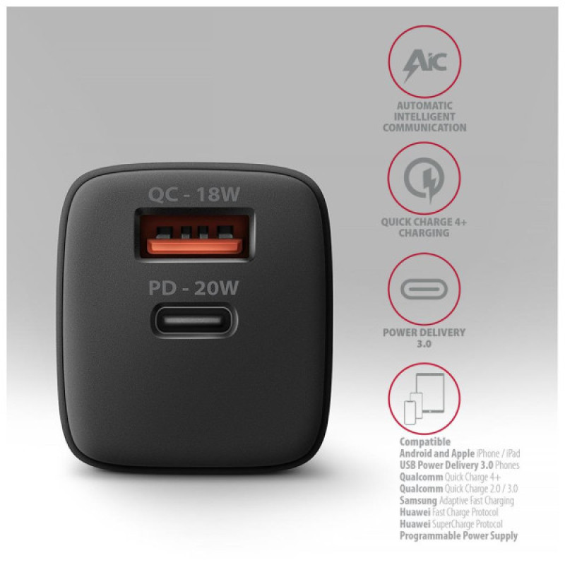 Зарядное устройство AXAGON 1xUSB QC3.0 + 1xUSB-C PD20W black (ACU-PQ20)