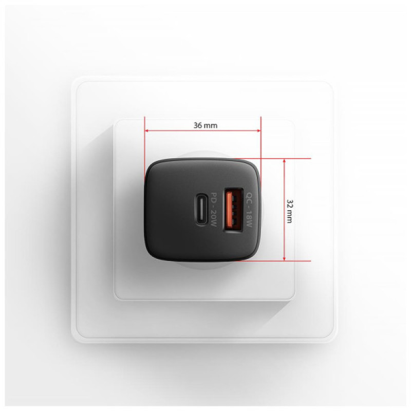 Зарядное устройство AXAGON 1xUSB QC3.0 + 1xUSB-C PD20W black (ACU-PQ20)