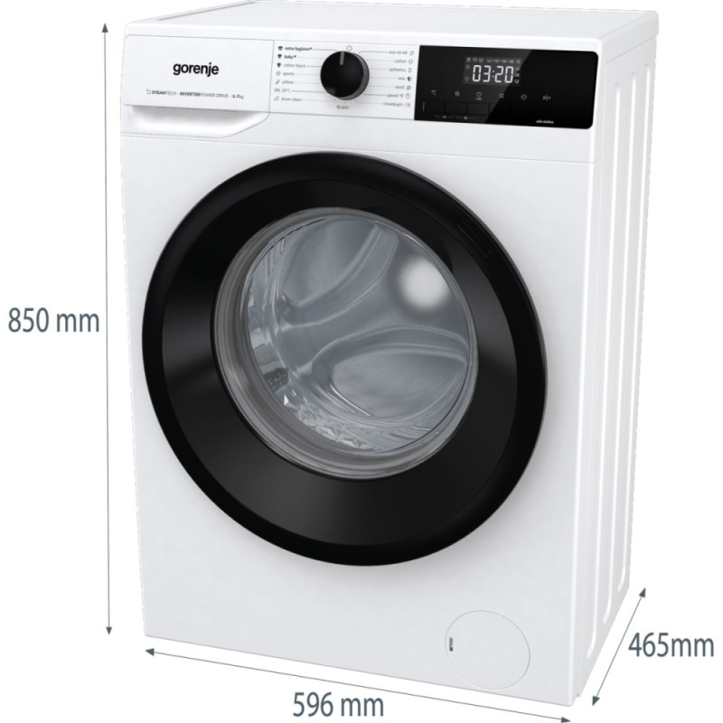 Gorenje Пральна машина фронтальна, 7кг, 1400, A+++, 47см, дисплей, пара, інвертор, білий (WNHEI74SAS)