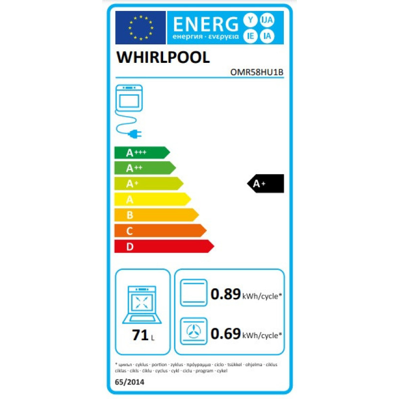 Whirlpool Духова шафа електрична, 71л, A+, дисплей, конвекція, телескопічні напрямні, чорний (OMR58HU1B)