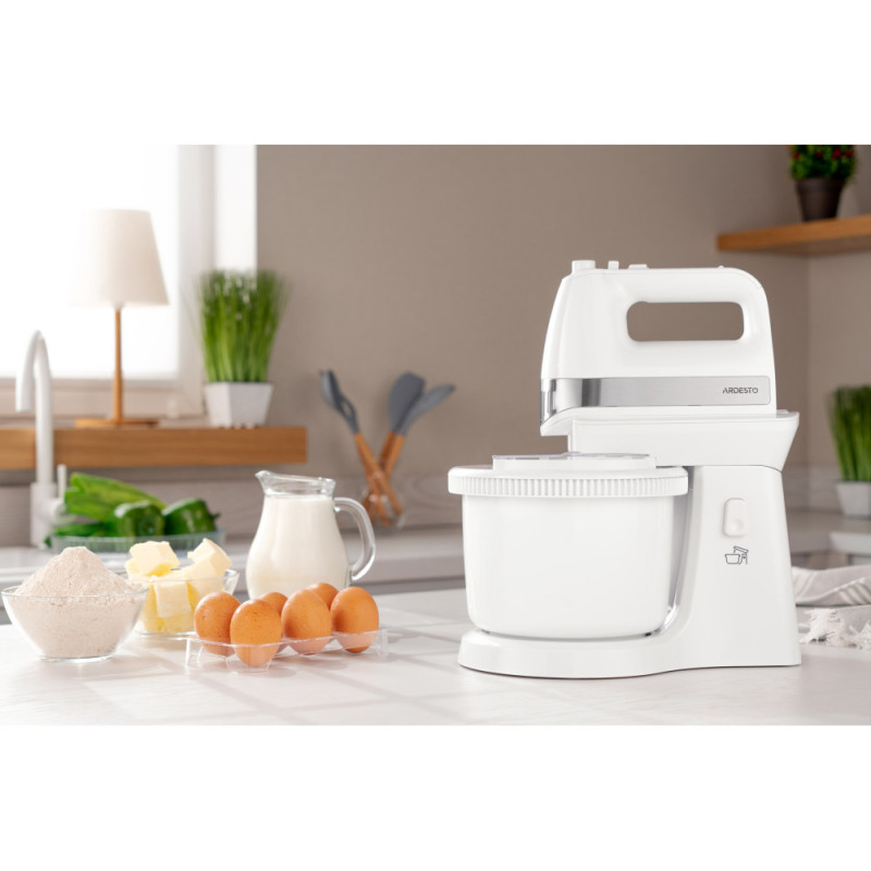 ARDESTO hand mixer with a bowl, 500W, nozzles-4 beaters, bowl-plastic, 3.2L, turbo mode, white (KSTM-500W)