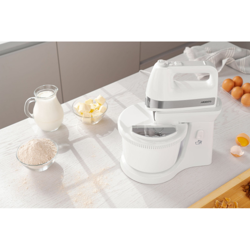 ARDESTO hand mixer with a bowl, 500W, nozzles-4 beaters, bowl-plastic, 3.2L, turbo mode, white (KSTM-500W)