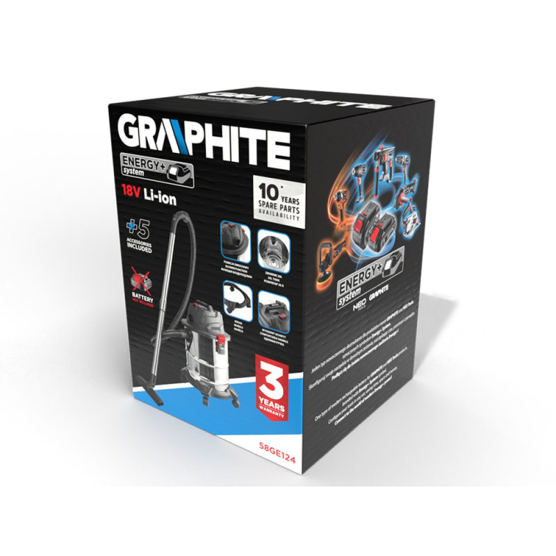 Graphite professional battery vacuum cleaner Energy+ 18V, container 20 l, 4.03 kg, without battery and spare part (58GE124)