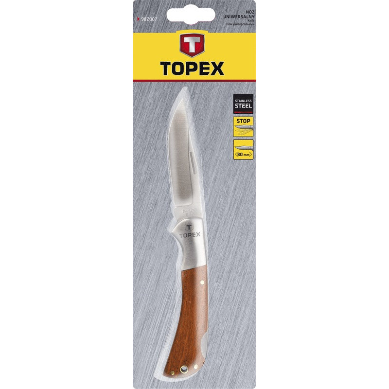 Topex Нож складной, фиксатор, лезвие 80 мм, держатель металлический и деревянные накладки, 195 мм (98Z007)