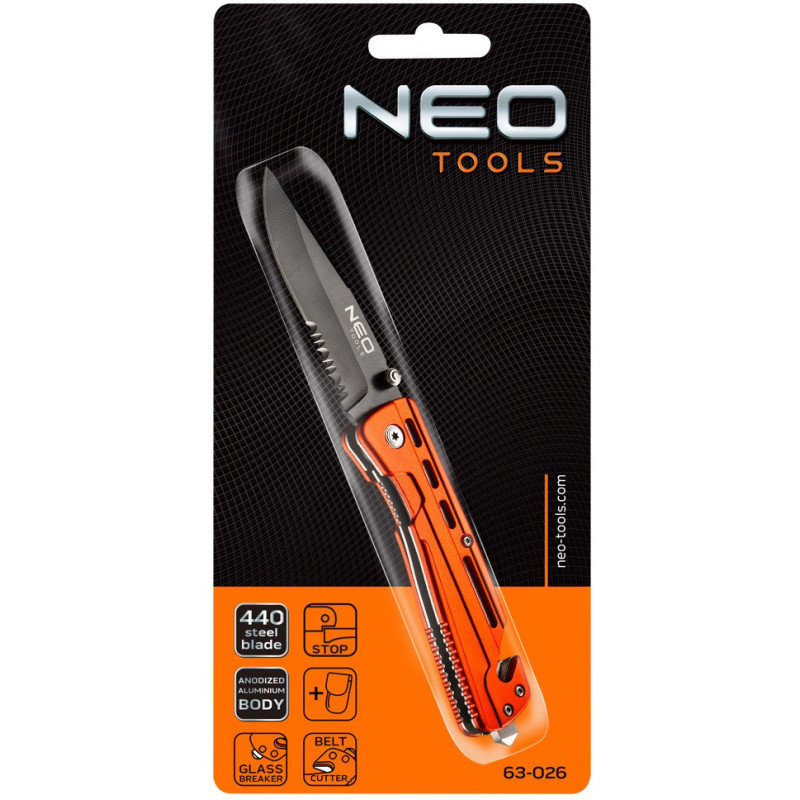 Neo Tools Нож складной с фиксатором, лезвие 8,5 см для ремней, чехол, 110 г (63-026)