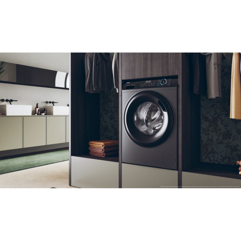Haier WM front load, 9kg, 1400, A+++, 60m, display, steam, invertor, black door, direct motion, silver (HW90-B14939S8)