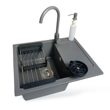 Adamant Kitchen set Minimal, artificial stone, rectang., with drainboard, 615х495х200mm, bowl - 1, over-mounted, grey + mixer + dispenser + glass rinser + colander (4824296106404)
