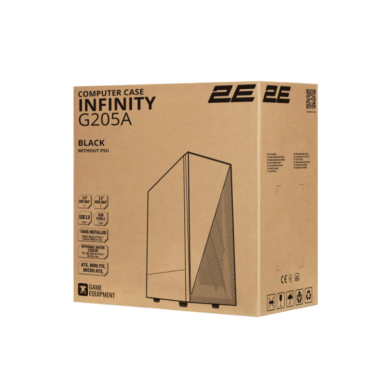2E Gaming PC case Infinity G205A without PSU, 2xUSB3.0, 1xUSBType-C, 1x120mm ARGB, 2x120mm, VGA 345mm, LCS ready, TG Side Panel, ATX, black (2E-G205A)