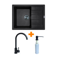 Adamant Набір кухонний Anila, штучний камінь, прямокут., з крилом, 645х495х200мм, чаша - 1, врізна, чорний + змішувач та дозатор (182496900303)