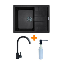 Adamant Набор кухонный Anila, искуственный камень, прямоуг., с крылом, 645х495х200мм, чаша - 1, врезная, черный + смеситель и дозатор (182496900303)