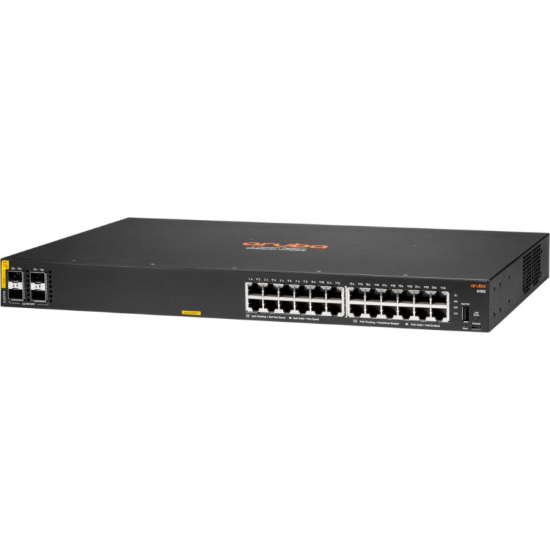 HPE Aruba Switch 6100, 24xGE, 4x1/10GE SFP Ports, PoE Class 4 370W, LT Warranty (JL677A)