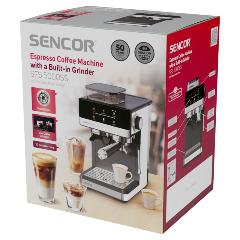 Sencor Кавоварка Sencor ріжкова 1.8л, зерно+мелена, вдубована кавомолка, дисплей, нерж. сталь-чорний (SES5000SS) Sencor Кавоварка Sencor ріжкова 1.8л, зерно+мелена, вдубована кавомолка, дисплей, нерж. сталь-чорний (SES5000SS)