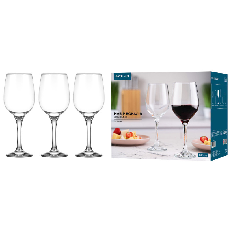 ARDESTO Wine glasses set Gloria 480ml, 3pcs, transparent (AR2648GWT)