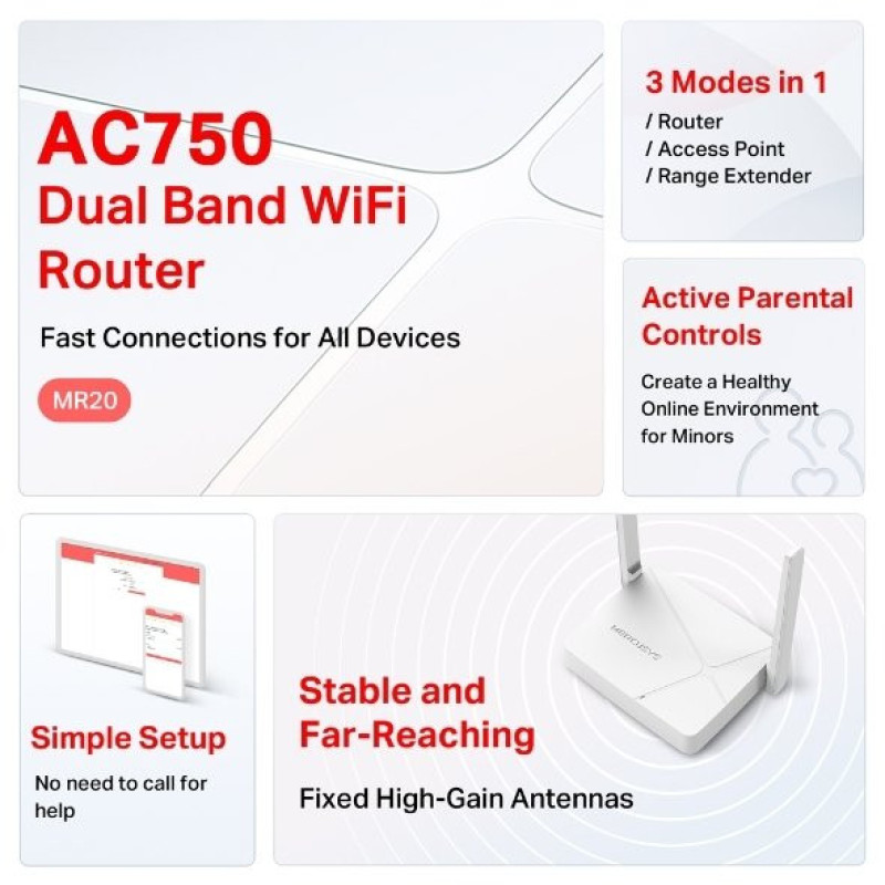 Mercusys Router MR20 AC750, 2xFE LAN, 1xFE WAN