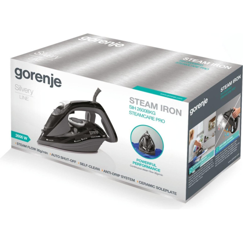 Gorenje Iron, 2600W, 350ml, steam boost -95g, vert. Steaming, auto shutdown, ceramic soleplate, grey-black (SIH2600BKG)