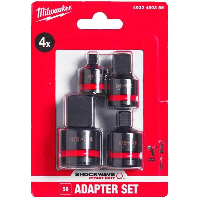 Milwaukee Adapter, 4pcs Set, 1/2 -3/4 , 1/2 -3/8 , 3/8 -1/2 , 3/8 -1/4 , for Socket Heads (4932480356)