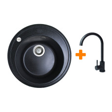 Adamant Набор кухонная Sun, искуственный камень, круглая, без крыла, 510x200мм, чаша - 1, врезная, черный + смеситель (4824296910103)