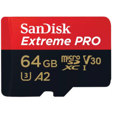 SanDisk Карта памяти microSD 64GB C10 UHS-I U3 R200/W90MB/s Extreme Pro V30 + SD (SDSQXCU-064G-GN6MA)