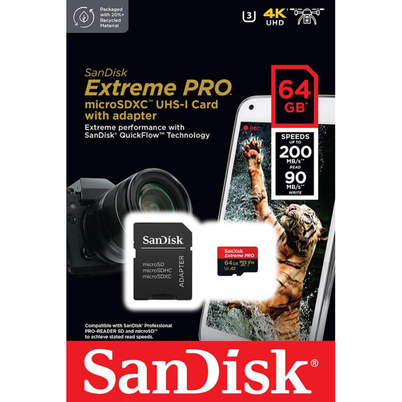SanDisk Карта памяти microSD 64GB C10 UHS-I U3 R200/W90MB/s Extreme Pro V30 + SD (SDSQXCU-064G-GN6MA)