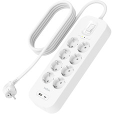 Belkin Подовжувач-фільтр мережевий 8хТип F, 3x1.5мм кв, 16А, USB-A/USB-C 18Вт, з захистом від перенапруги, 2м, білий (SRB003VF2M-V2)
