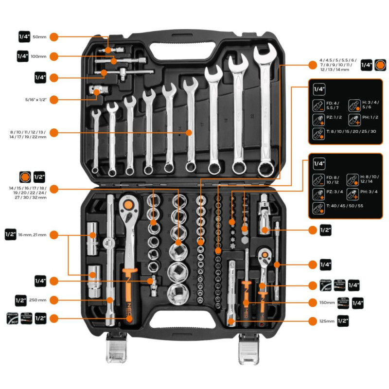 Neo Tools Tool set, 82pcs, 1/2 , 1/4 , CrV, case (10-059)
