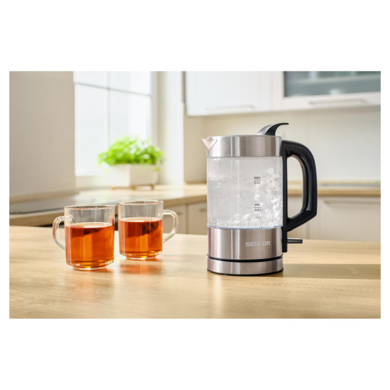 Sencor Електрочайник Sencor 0.5л, Strix, пластик, в комплекті 2 склянки + 2 ложки, скло, нерж. сталь (SWK160SS)