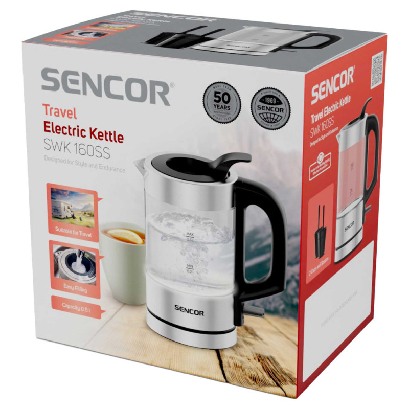 Sencor Електрочайник Sencor 0.5л, Strix, пластик, в комплекті 2 склянки + 2 ложки, скло, нерж. сталь (SWK160SS)