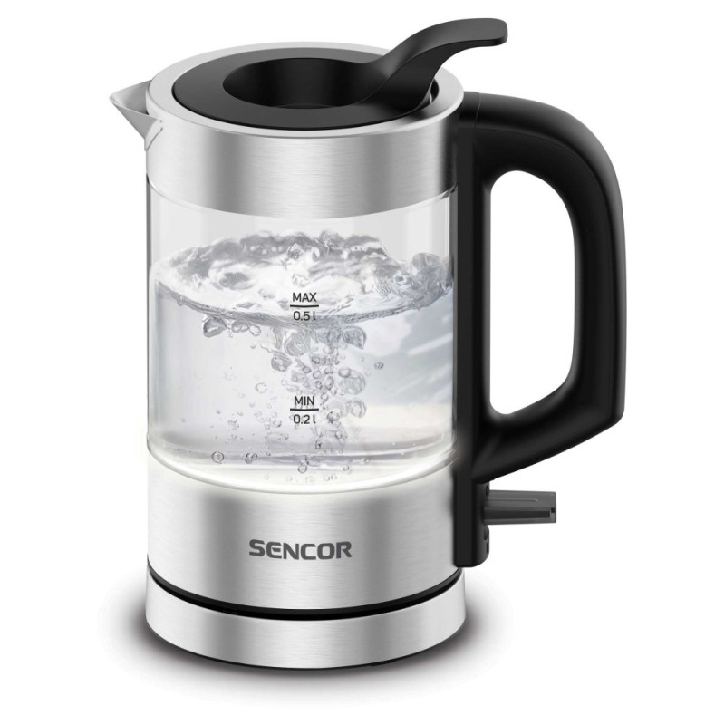 Sencor Електрочайник Sencor 0.5л, Strix, пластик, в комплекті 2 склянки + 2 ложки, скло, нерж. сталь (SWK160SS)