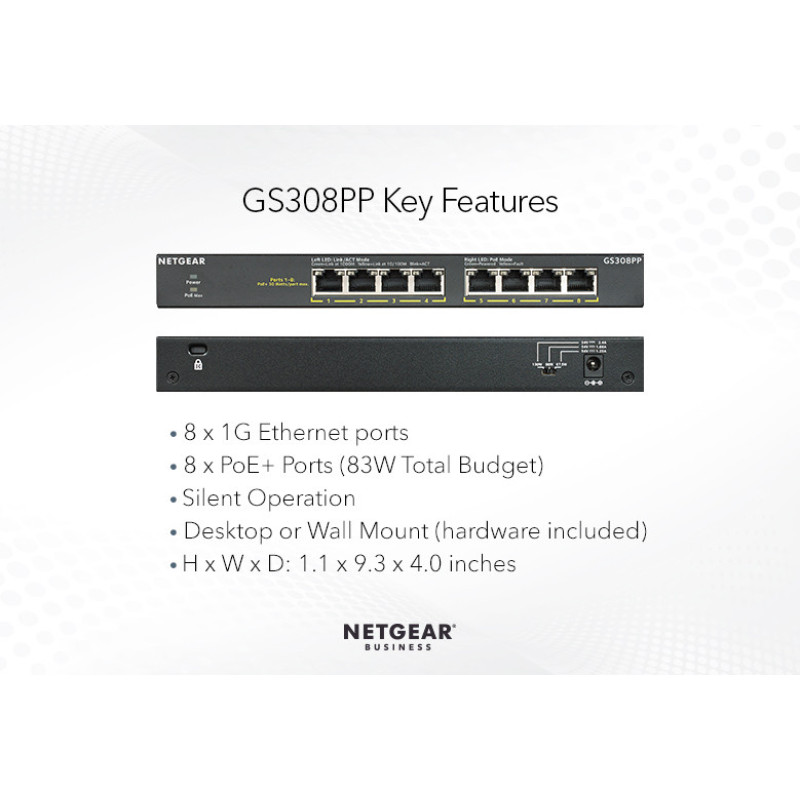 NETGEAR Комутатор GS308PP 8xGE PoE+ (83Вт), FlexPoE, некерований (GS308PP-100EUS)