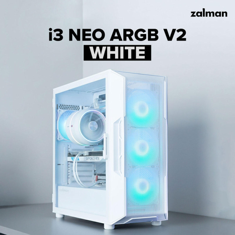 Zalman PC case I3 Neo ARGB V2 without PSU, 2xUSB3.0, 1x Type C, 4x120mm, ARGB, VGA 355mm, LCS ready, TG Side Panel, ATX, white (I3NEOARGBV2WHITE)