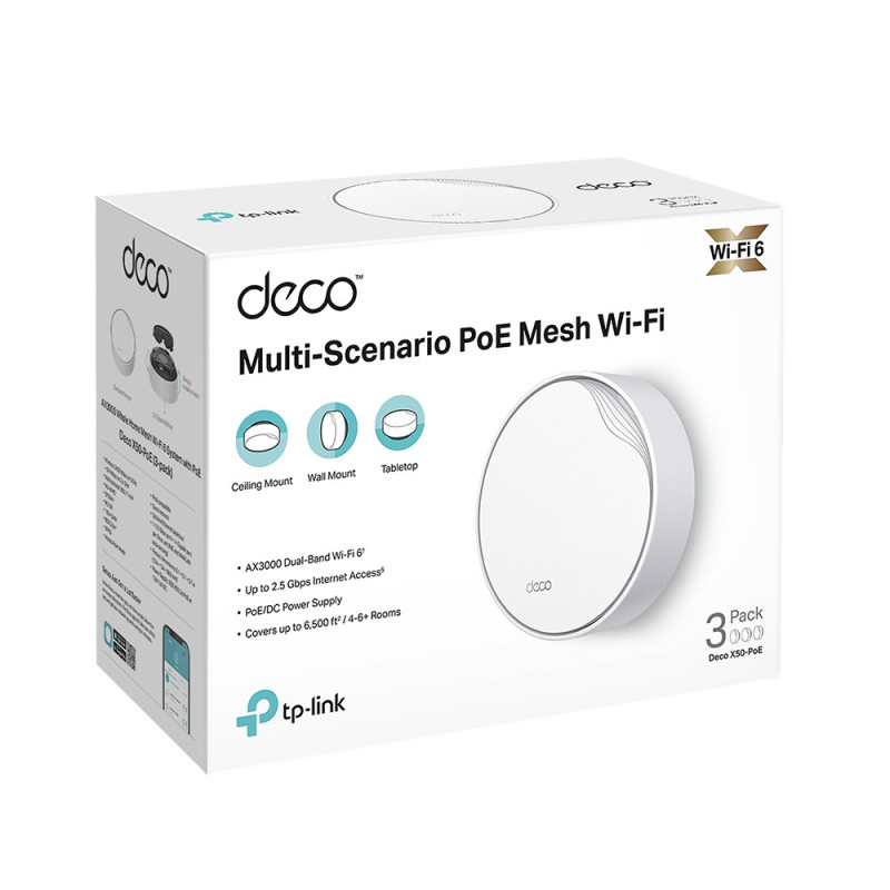 TP-Link Маршрутизатор DECO X50 PoE 3PK AX3000 1xGE LAN/WAN 1x2,5GE LAN/WAN MU-MIMO OFDMA MESH (DECO-X50-POE-3-PACK)