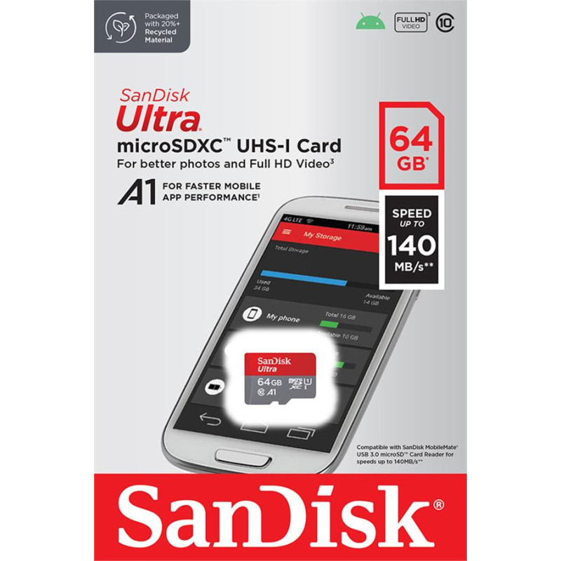 SanDisk microSD 64GB C10 UHS-I R140MB/s Ultra (SDSQUAB-064G-GN6MN)