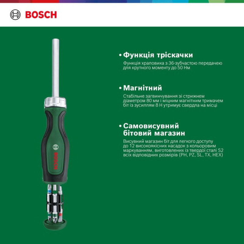 Bosch Отвертка 12 насадок, Tx, PZ, PH, SL, HEX (1.600.A02.BX2)