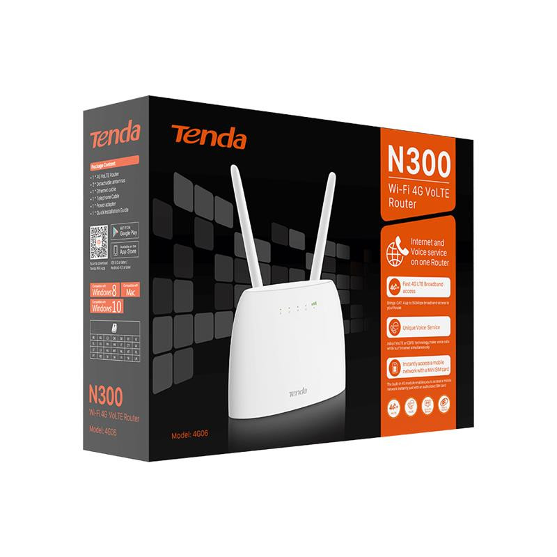 Tenda WiFi Router 4G06 N300, 4G/LTE, 1xFE LAN, 1xFE LAN/WAN, 1xRJ11
