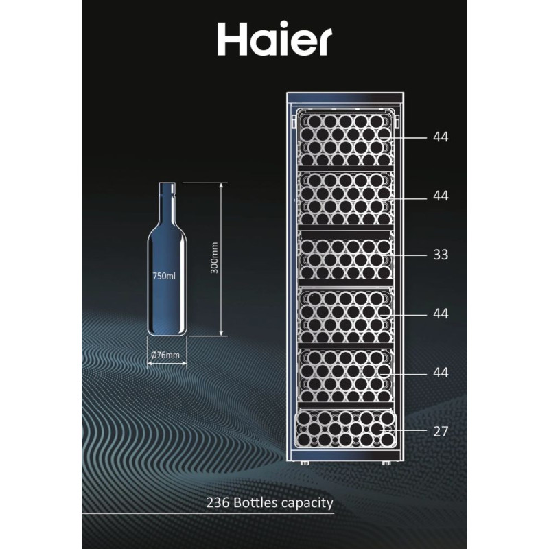 Haier Холодильник для вина, 190x59.5х71, холод.отд.-438л, зон - 2, бут-236, ST, дисплей, черный (HWS236GDGU1)