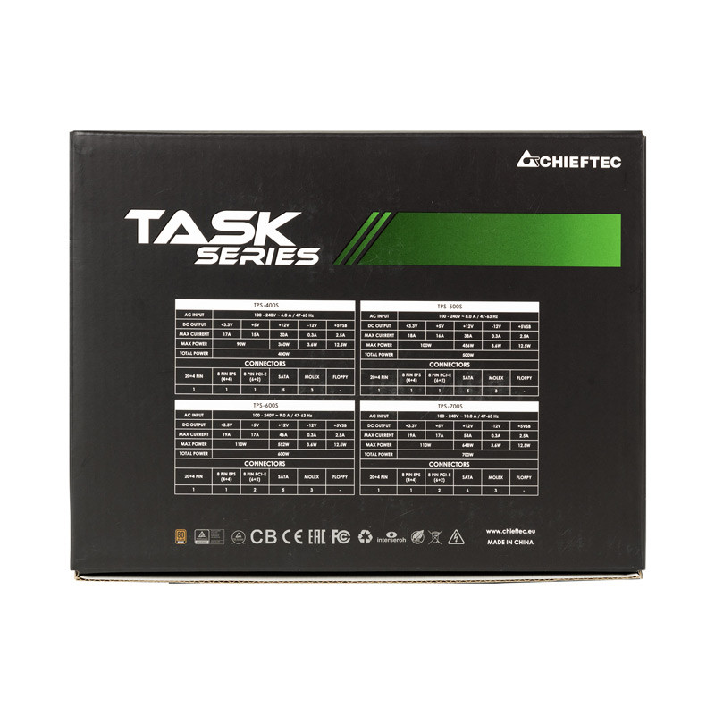 Chieftec Блок живлення Task (600W), >85%, 80+ Bronze, 120мм, 1xMB 24pin(20+4), 1xCPU 8pin(4+4), 3xMolex, 5xSATA, 2xPCIe 8pin(6+2) (TPS-600S)