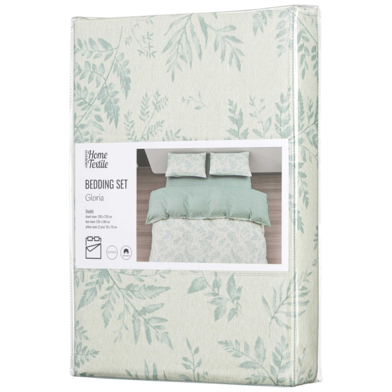 ARDESTO Bedding set 2.0 Gloria, sateen, duvet cover 200x220cm, bed sheet 230x240cm, pillowcases (2) 50x70cm, 100% cotton, fern green (ART2022FG)