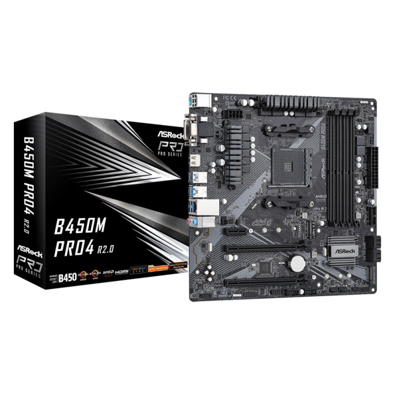 ASRock Материнська плата B450M PRO4 R2.0 sAM4 B450 4xDDR4 M.2 HDMI DVI mATX
