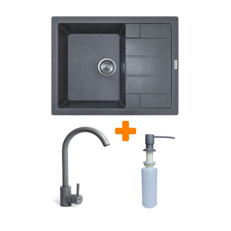 Adamant Набор кухонный Anila, искуственный камень, прямоуг., с крылом, 645х495х200мм, чаша - 1, врезная, серый + смеситель и дозатор (182496900304)