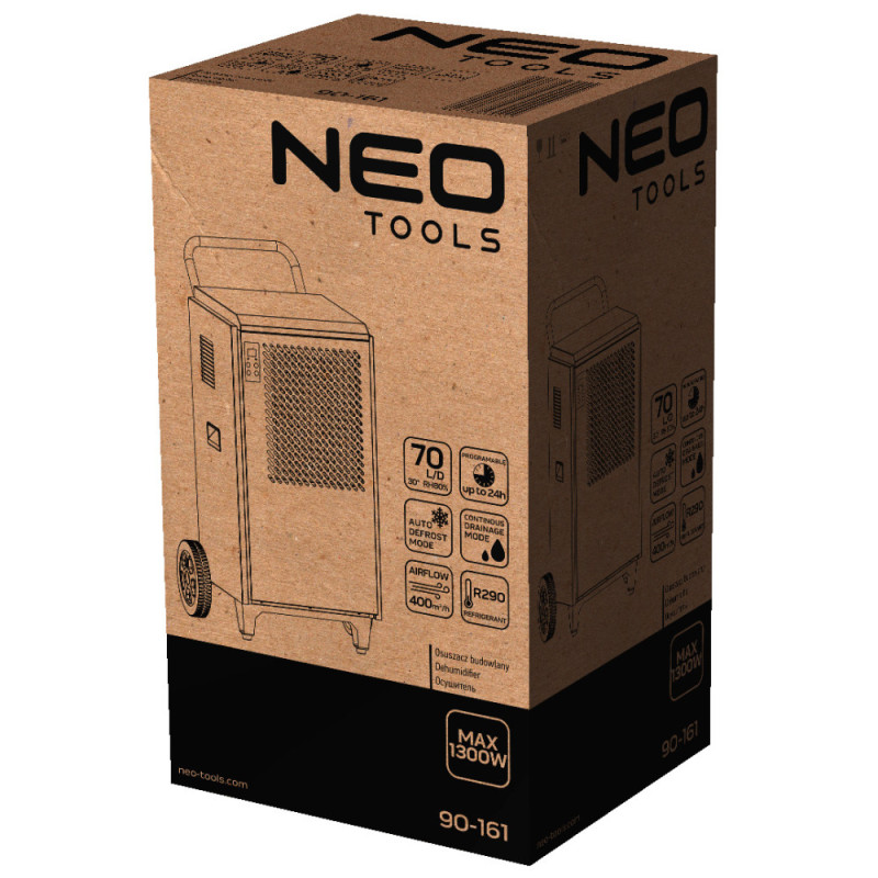 Neo Tools Industrial dehumidifier, 950W, 250m2, 400m3/h, outlet 70l/day, continuous drain, LCD display, operating time programming, IP22 (90-161)