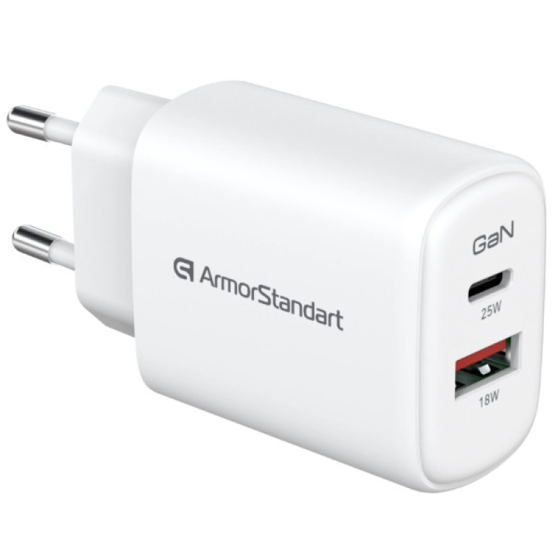 Зарядное устройство Armorstandart 1xUSB-C + 1xUSB 25W GaN white (ARM89532)
