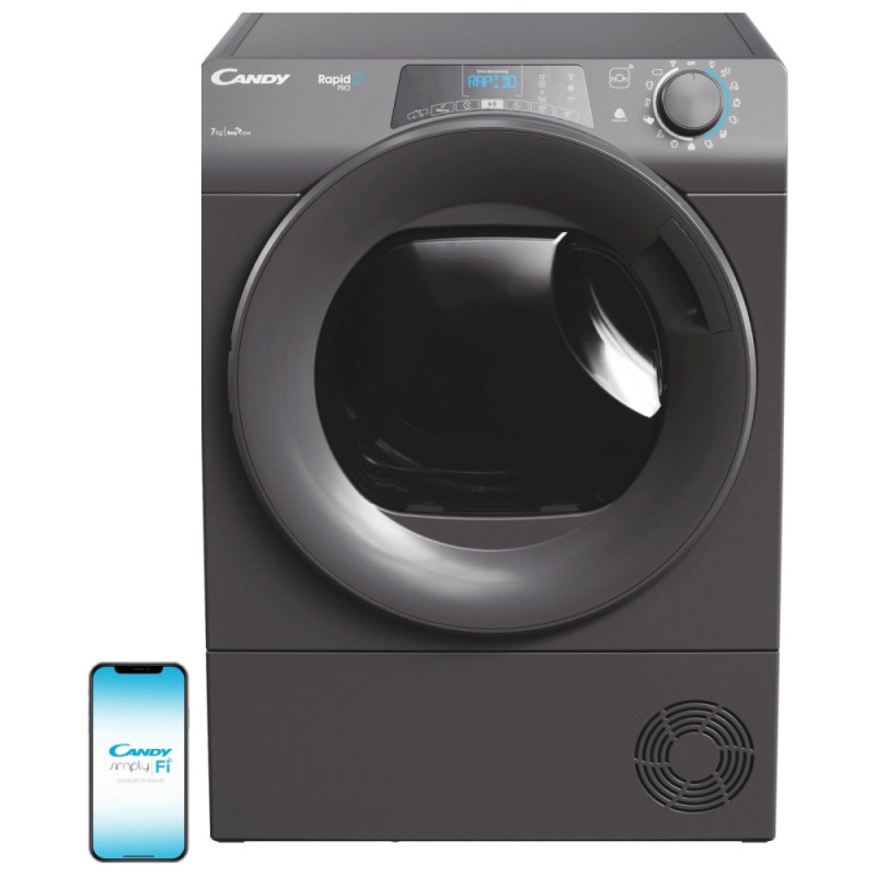 Candy Dryer heat pump, 7kg, A++, 48,6cm, display, Wi-Fi, silver (RP4H7A2TRER-S)