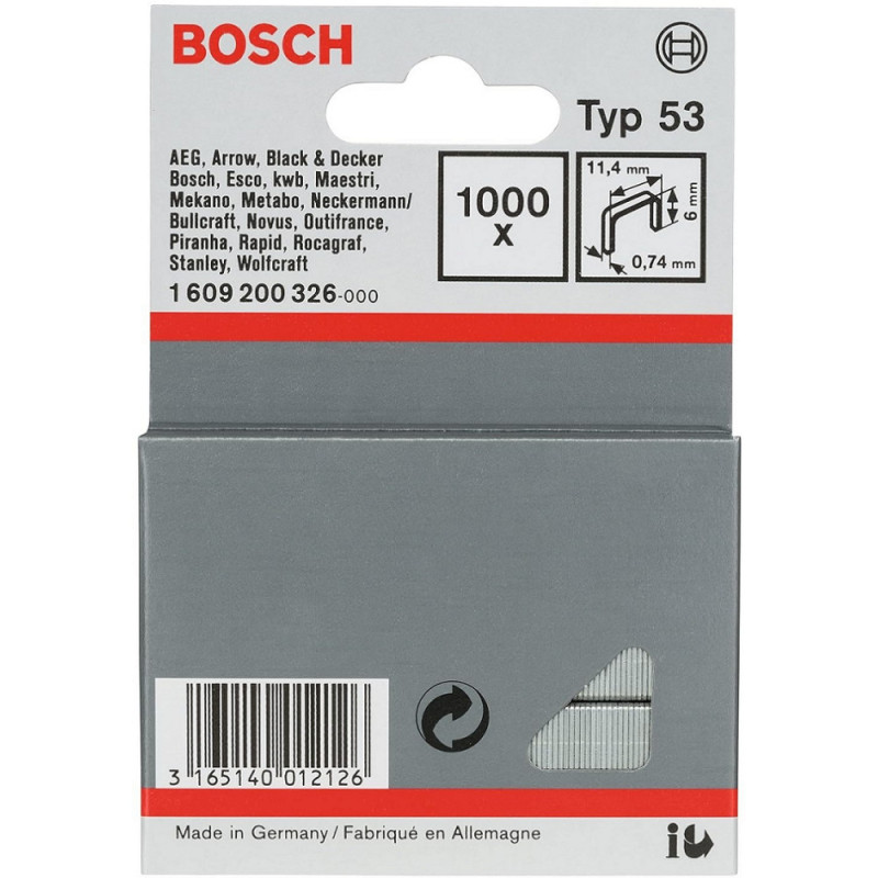 Bosch staples, type 53, 6x11.4x0.74mm, 1000pcs (1.609.200.326)