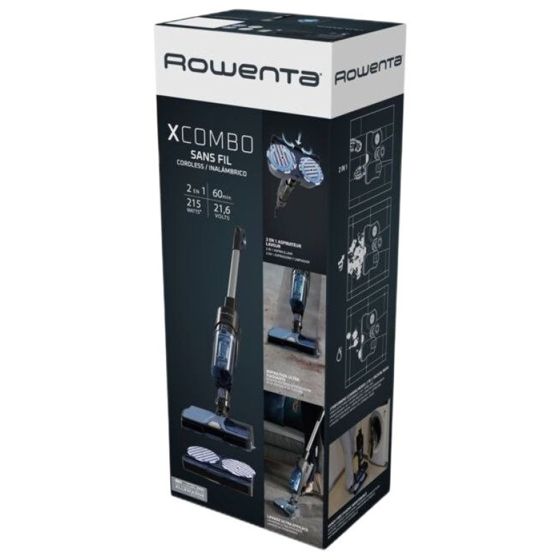 Rowenta Пилосос безпровідний X-Combo 2in1, 215Вт, вологе прибирання, конт пил -0.55л, автон. робота до 60хв, НЕРА, синій (GZ3038WO)