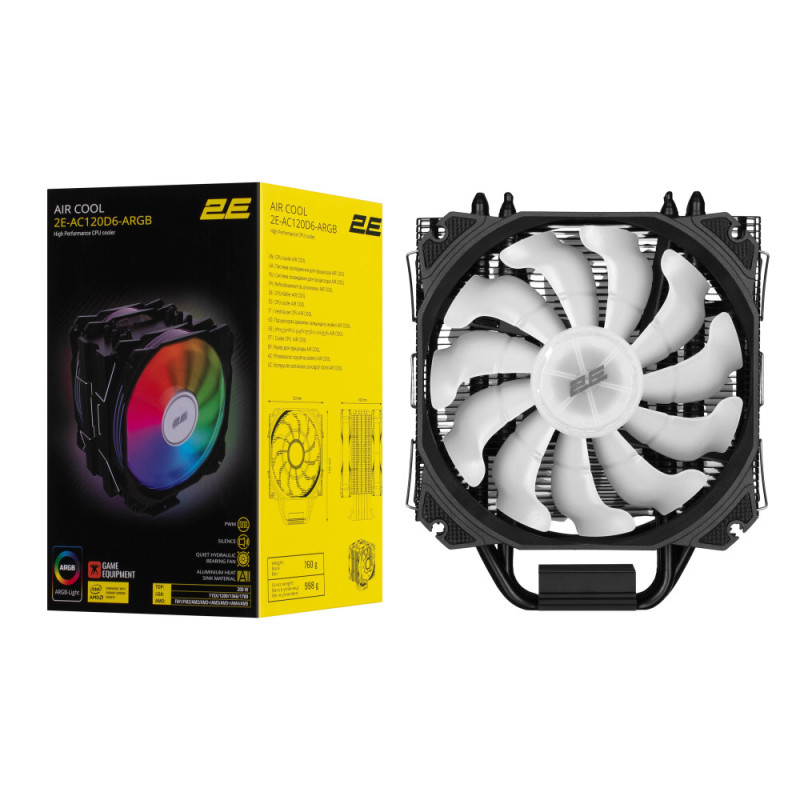 2E Gaming Процессорный кулер Air Cool AC120D6-ARGB LGA1851, 1700, 1366, 1200, 115x, AM5, AM4, AM3, AM3+, AM2, AM2+, FM2, FM1 4pin PWM, 3pin +5VARGB TDP 200W (2E-AC120D6-ARGB)