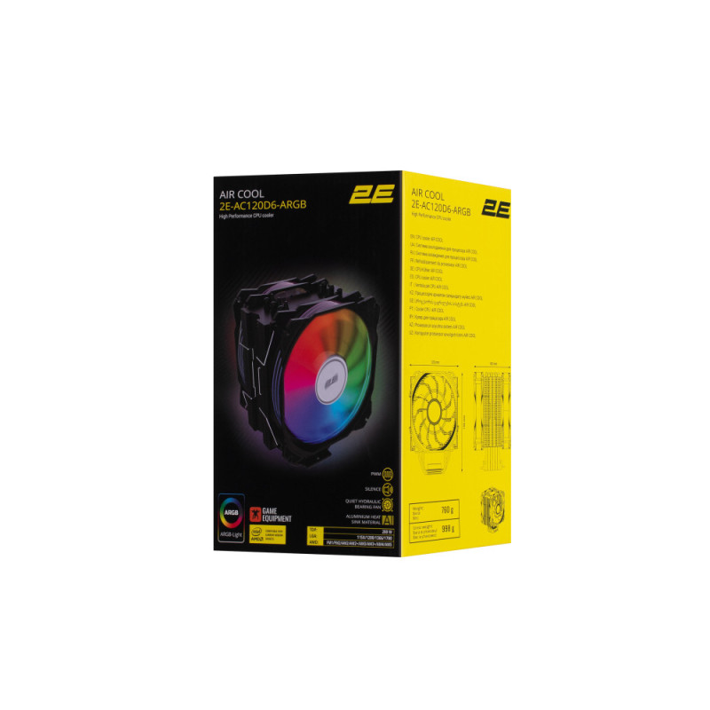 2E Gaming Процессорный кулер Air Cool AC120D6-ARGB LGA1851, 1700, 1366, 1200, 115x, AM5, AM4, AM3, AM3+, AM2, AM2+, FM2, FM1 4pin PWM, 3pin +5VARGB TDP 200W (2E-AC120D6-ARGB)