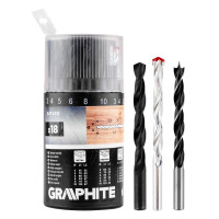 Graphite Набір свердел GRAPHITE по металу, дереву, цеглі: 3-6, 8, 10 мм, 18шт (54T430)