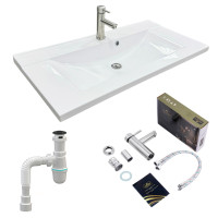 Adamant Набор для ванной комнаты, раковина, умывальник QUANTO 90, искусственный камень, прямоуголь., с сифоном Click-Clack + смеситель (4824296208301)