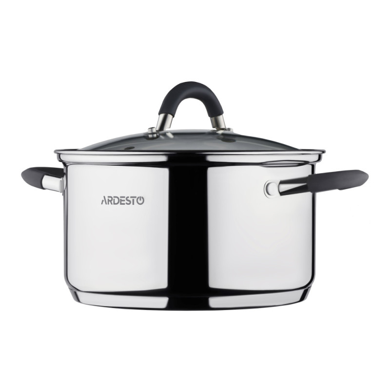 ARDESTO Casserole Gemini Salerno, glass lid, 2.3 l, gray silicone handles, stainless steel (AR1925CS)